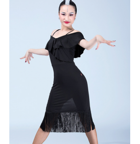 Black white floral ruffles neck dew shoulder competition performance latin salsa cha cha dance dresses